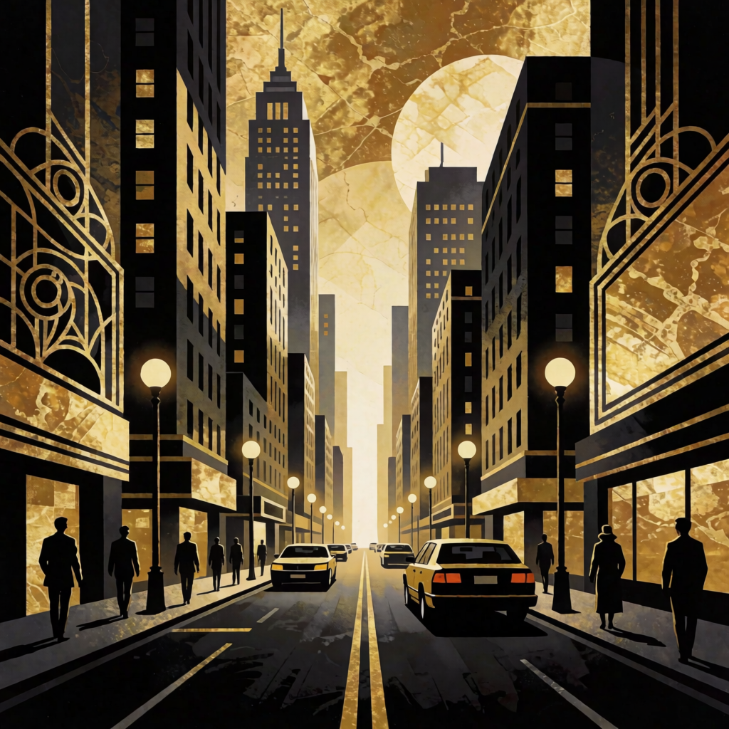 A city street scene in the style of Art Deco — geometric sha