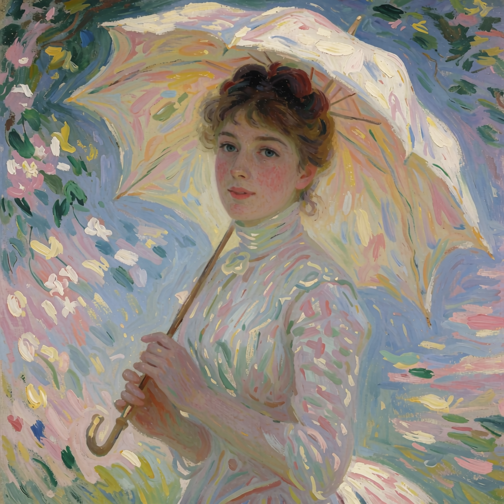 A woman with a parasol in the style of Impressionism — soft 
