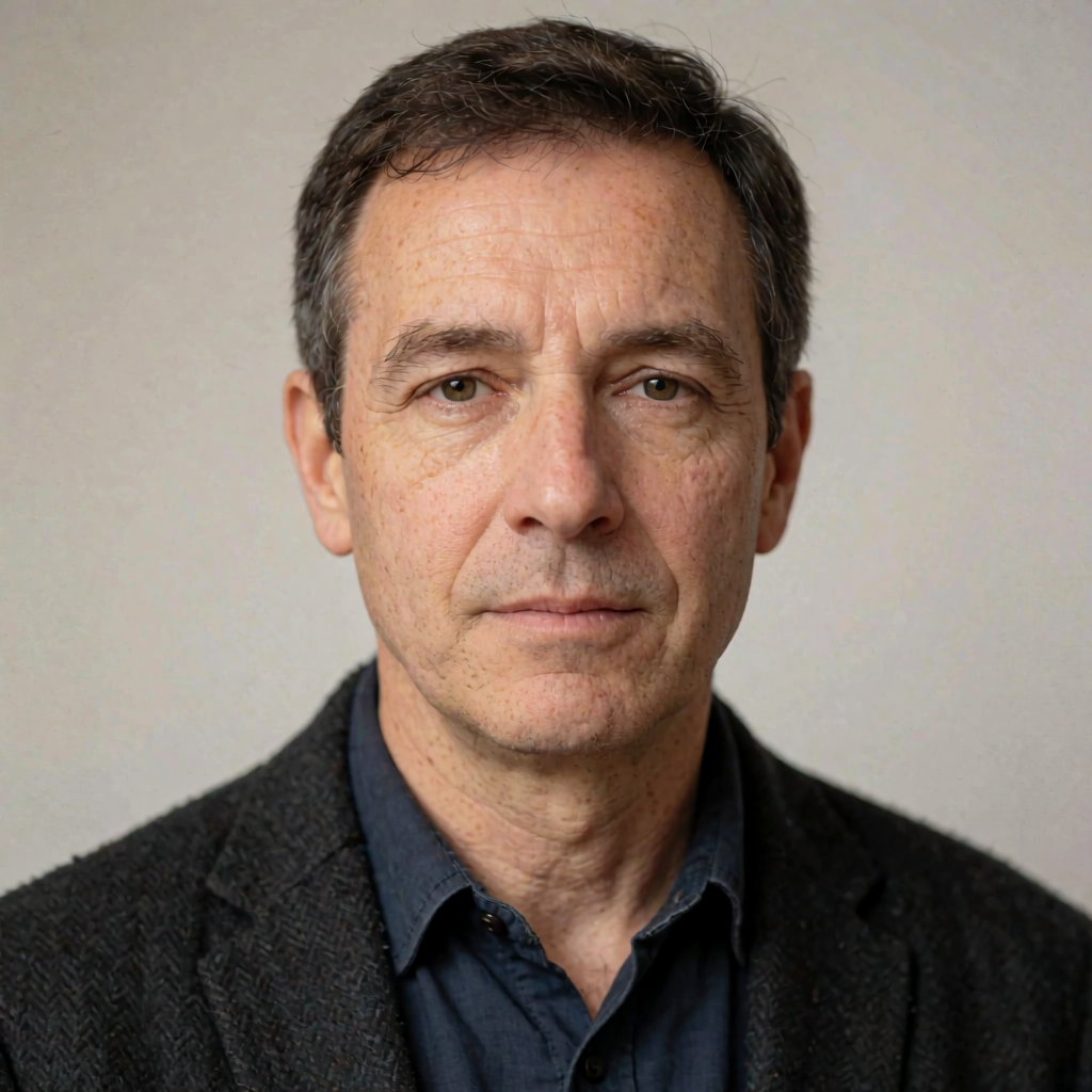 A portrait of a middle-aged man with a calm, serious express