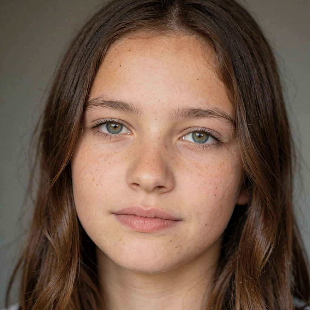 A headshot of a teenager with a relaxed, neutral face