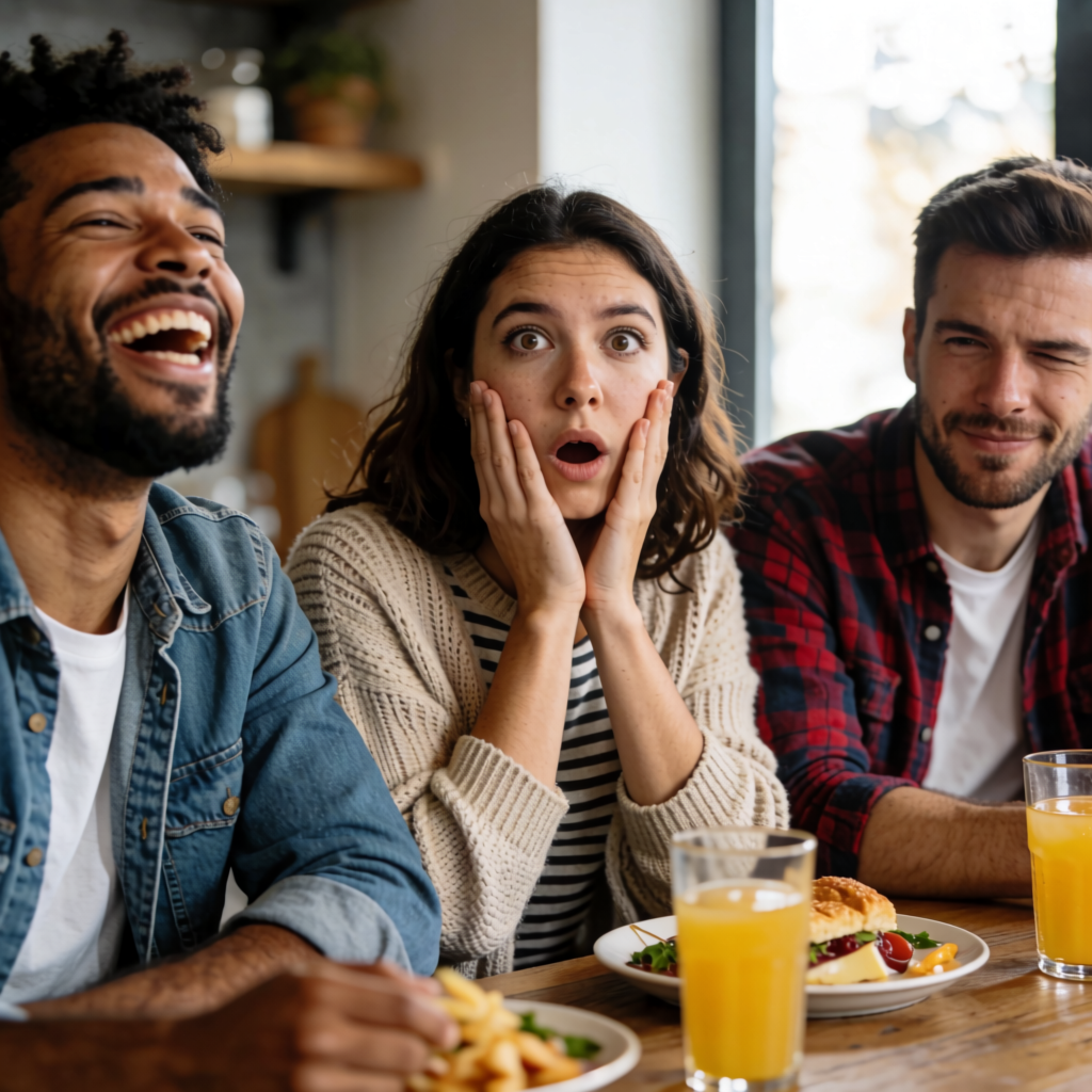 A group of three friends at a table: one laughing with head 