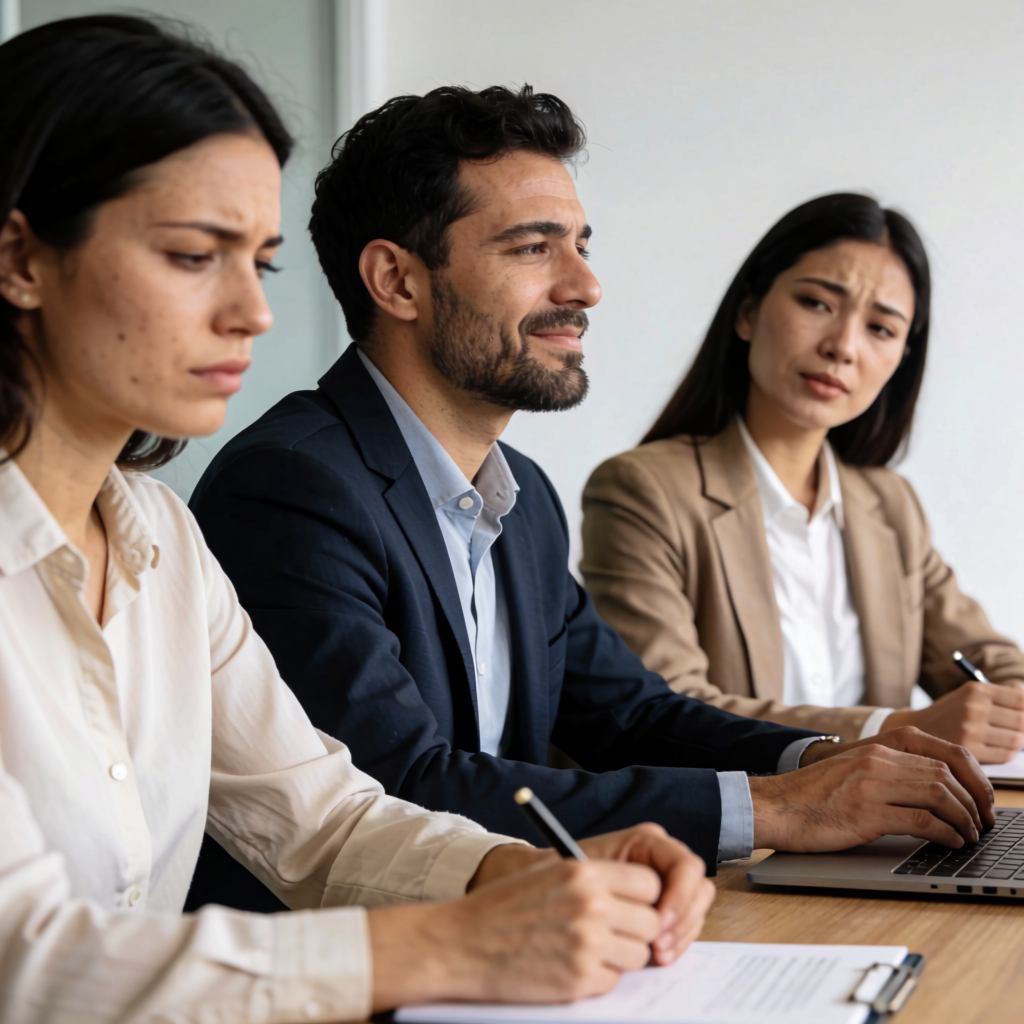 Three coworkers in a meeting: one looking frustrated with fu