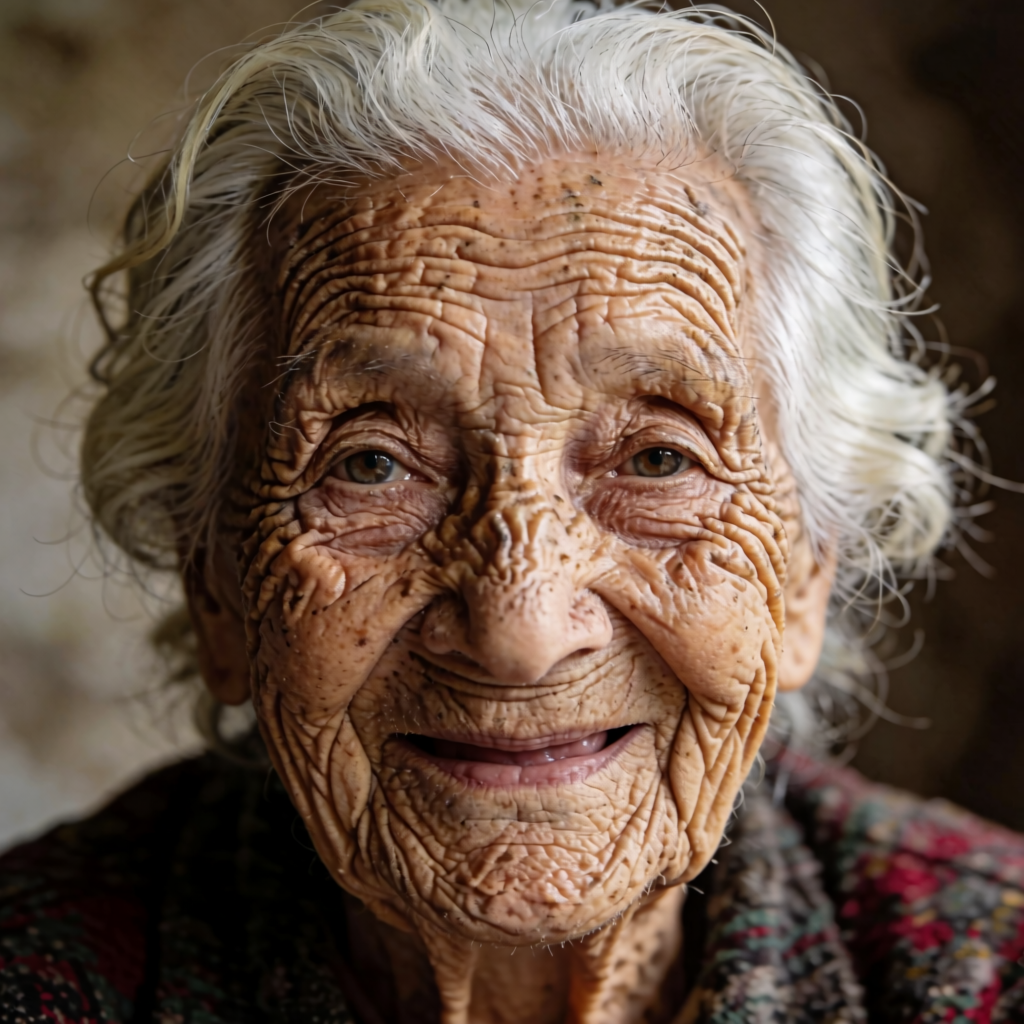 An elderly woman in her 80s with deep wrinkles and white hai