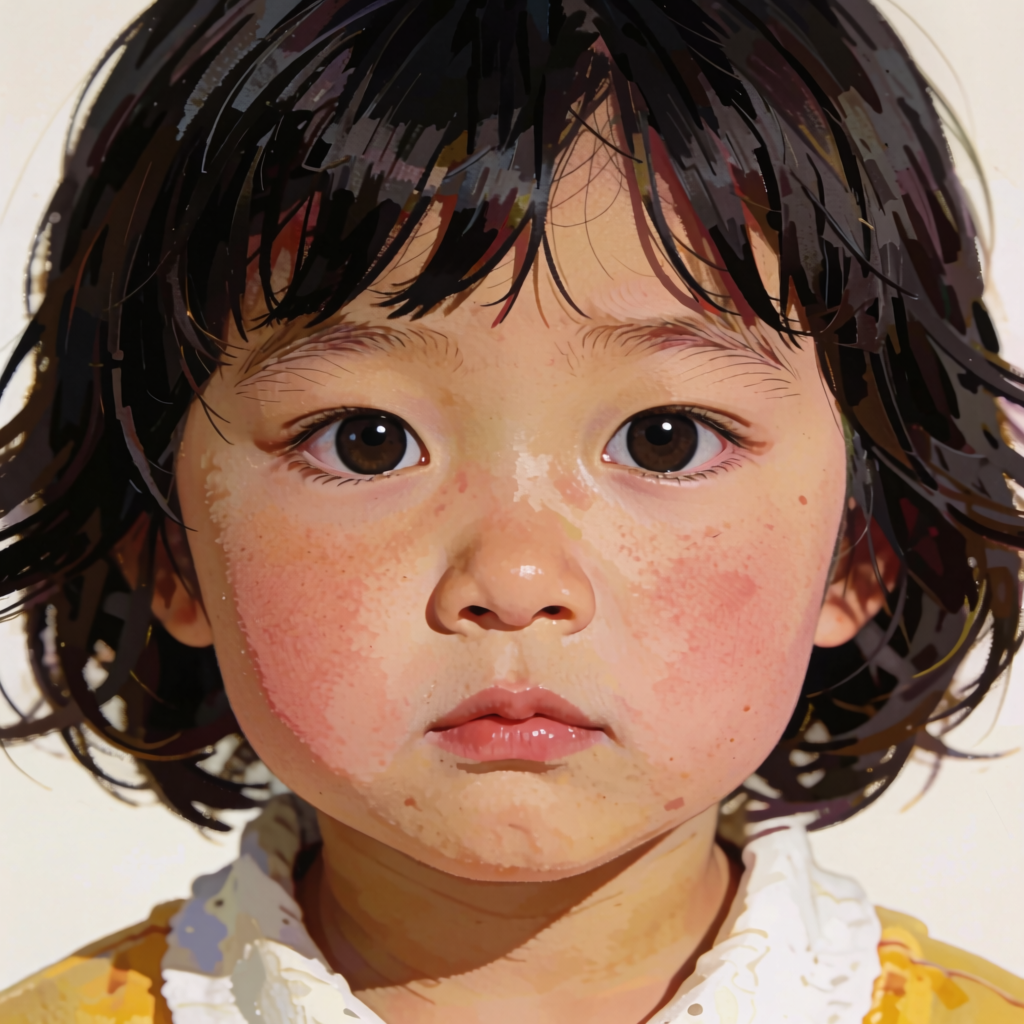 A 5-year-old child with round cheeks and large eyes, crying 