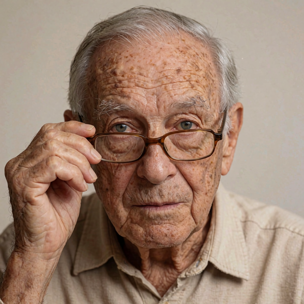 An elderly man in his 70s with age spots and thinning gray h