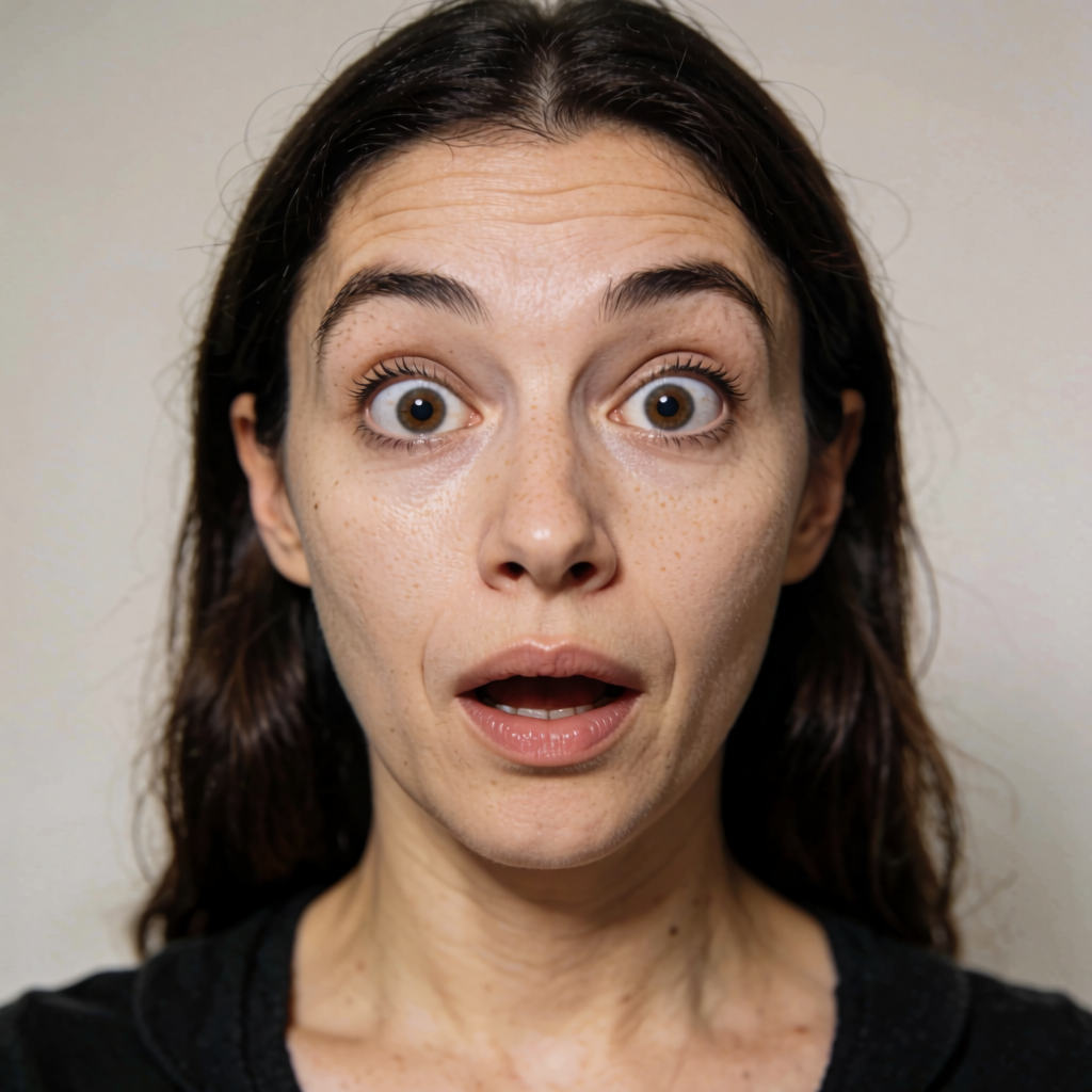 A portrait capturing genuine surprise — raised eyebrows, wid
