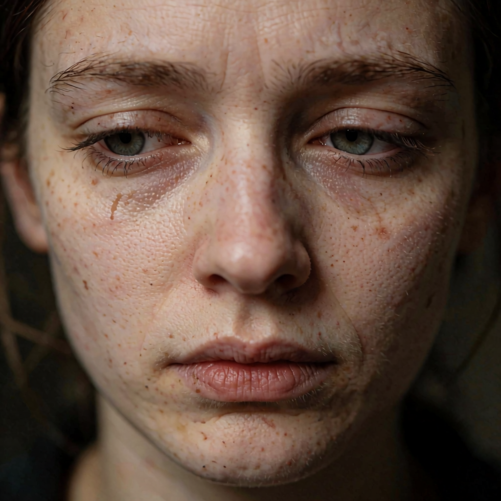 A face showing quiet melancholy — downcast eyes, slightly dr
