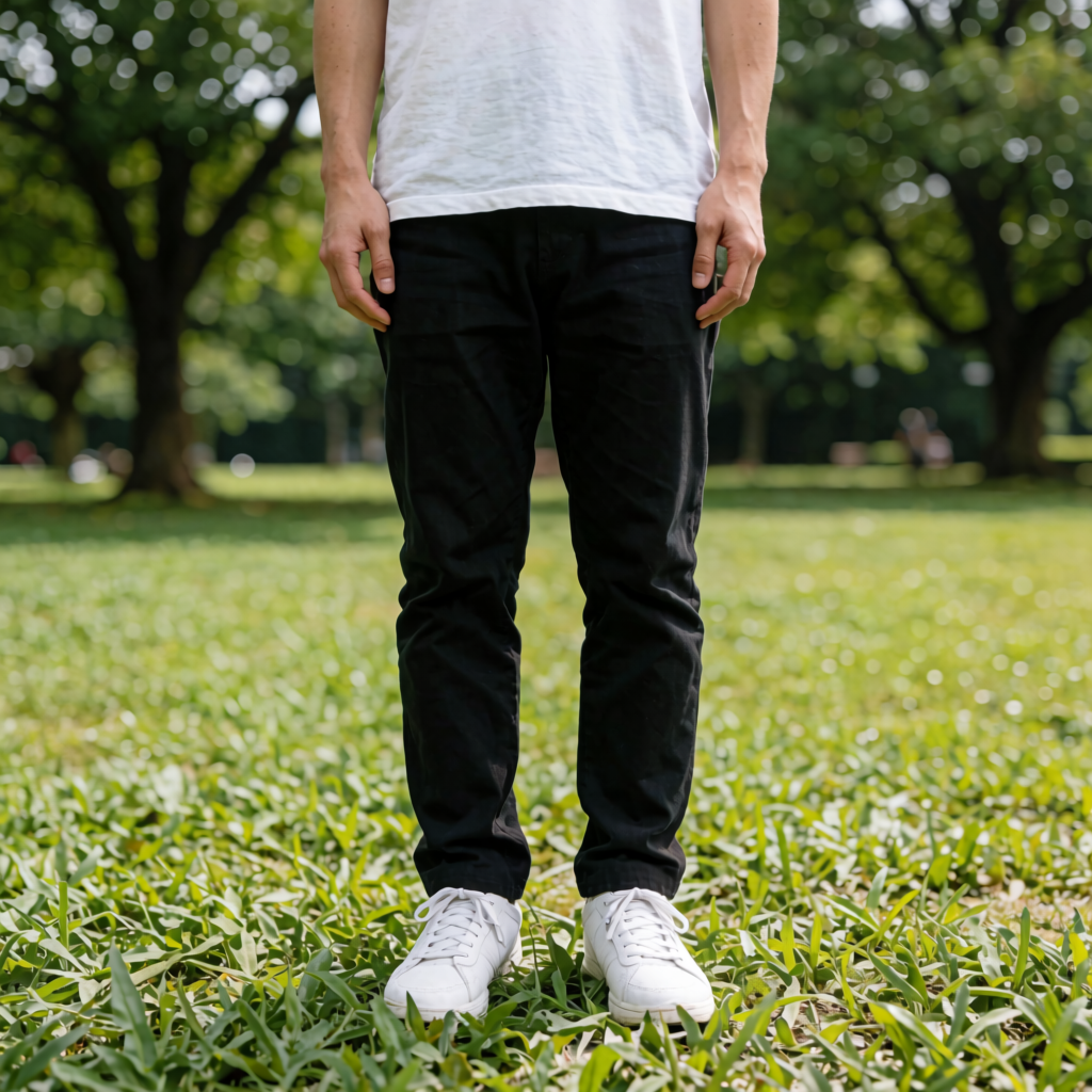 A person standing in a neutral pose in a park, full body vis
