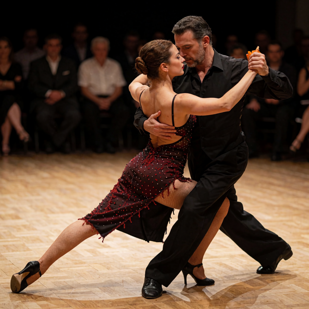 Two tango dancers in a close embrace, the man dipping the wo