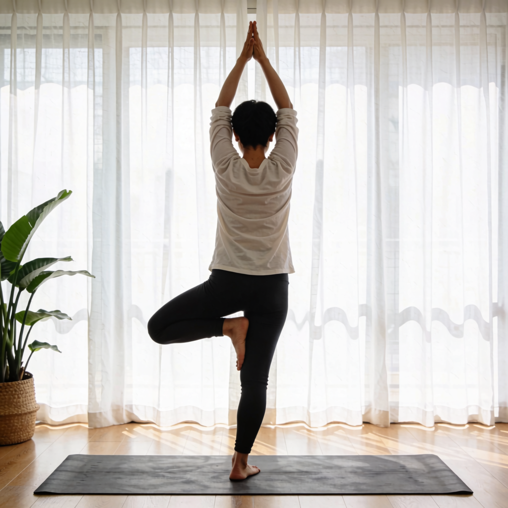 A person in a yoga tree pose — standing on one leg with the 