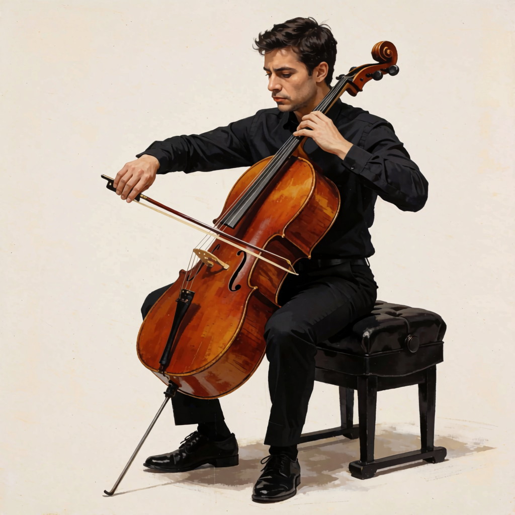 A cellist seated with correct posture, legs around the instr