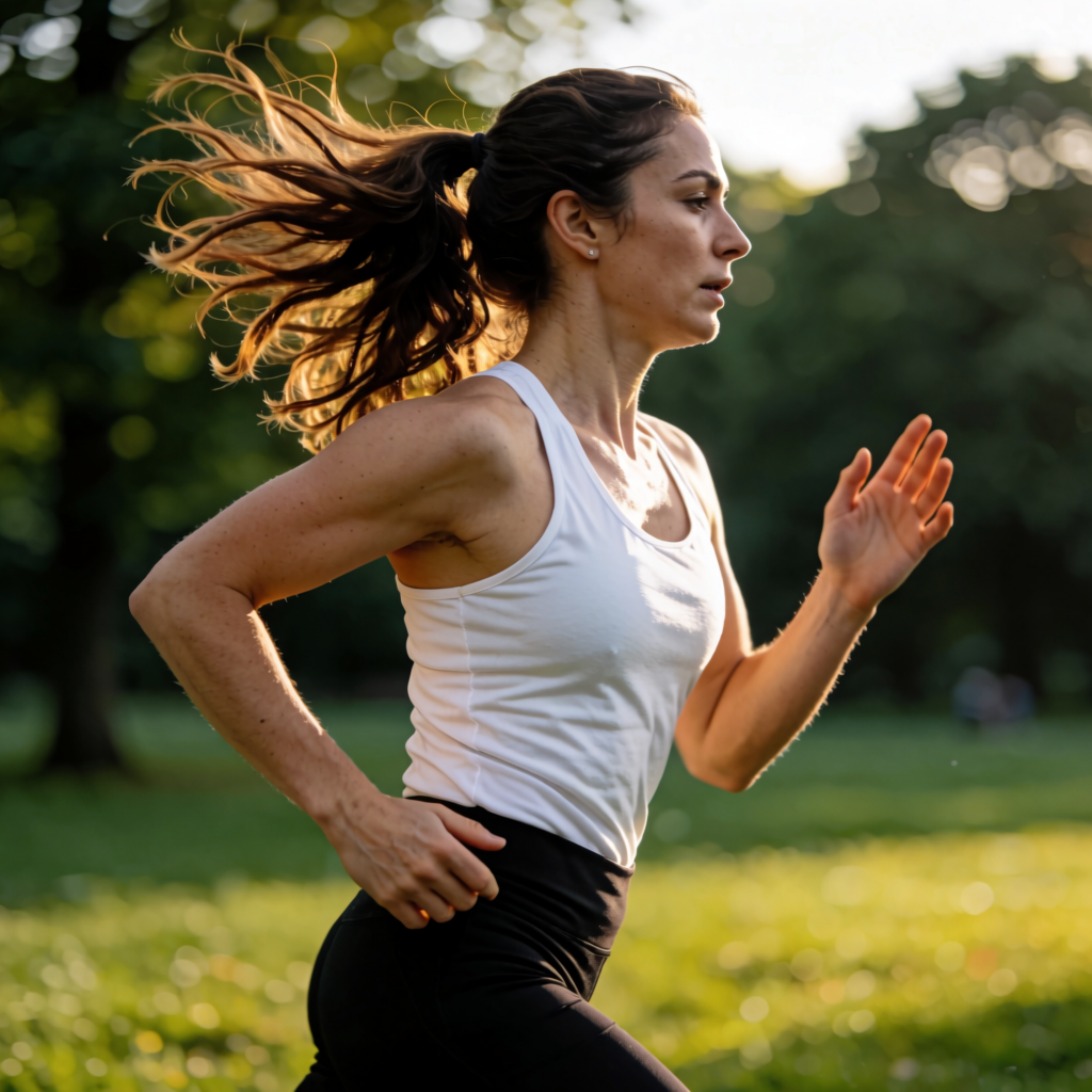 A woman mid-stride running through a park, hair and clothes 