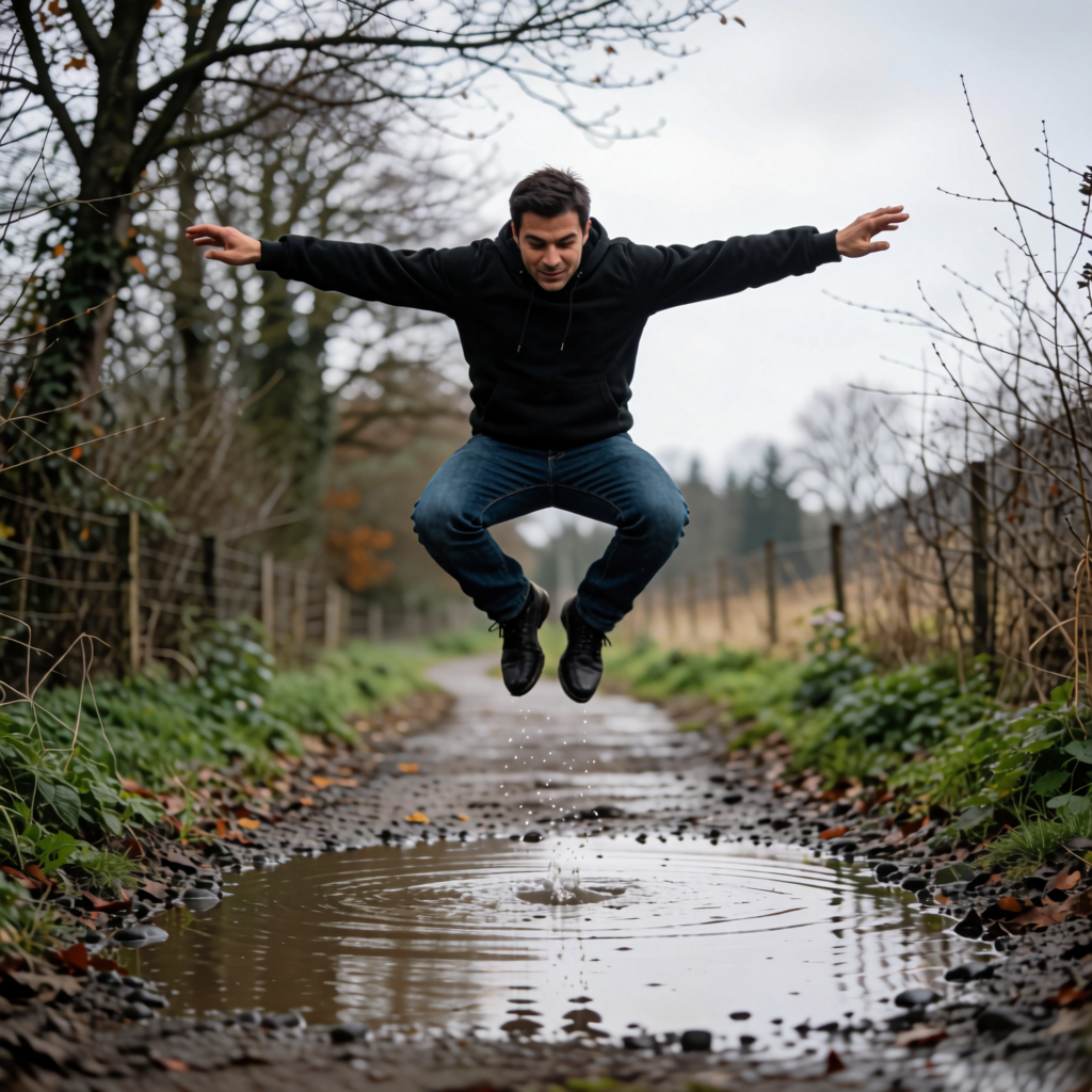 A man captured mid-jump over a puddle, body in the air with 