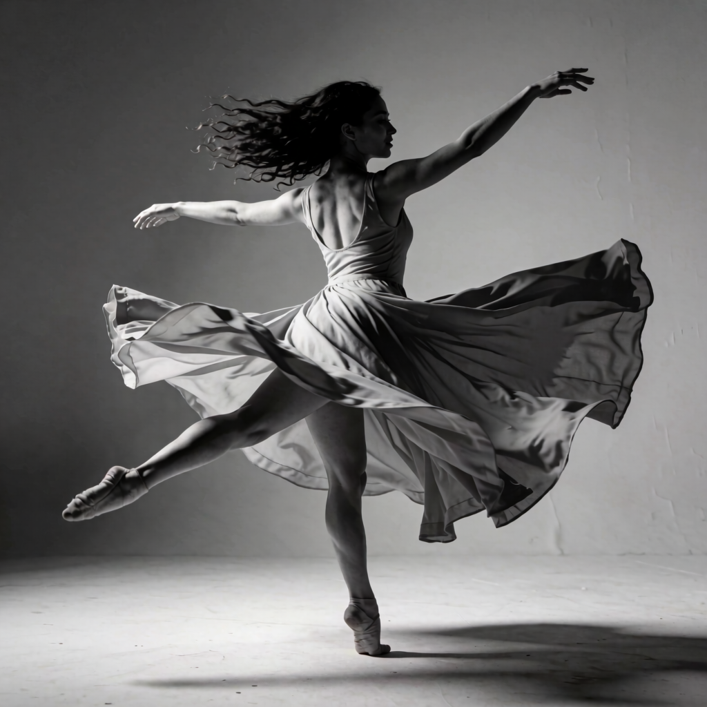 A dancer in a dynamic spin, dress flowing outward with one l