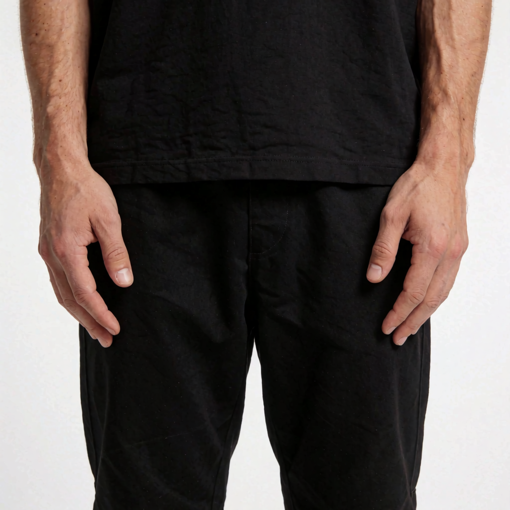A person standing with both hands visible at their sides, fi