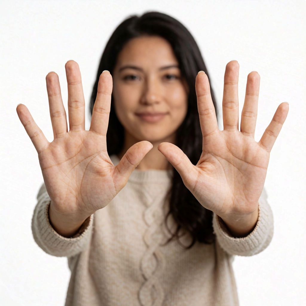 A woman holding her hands out in front of her palms-up, all 