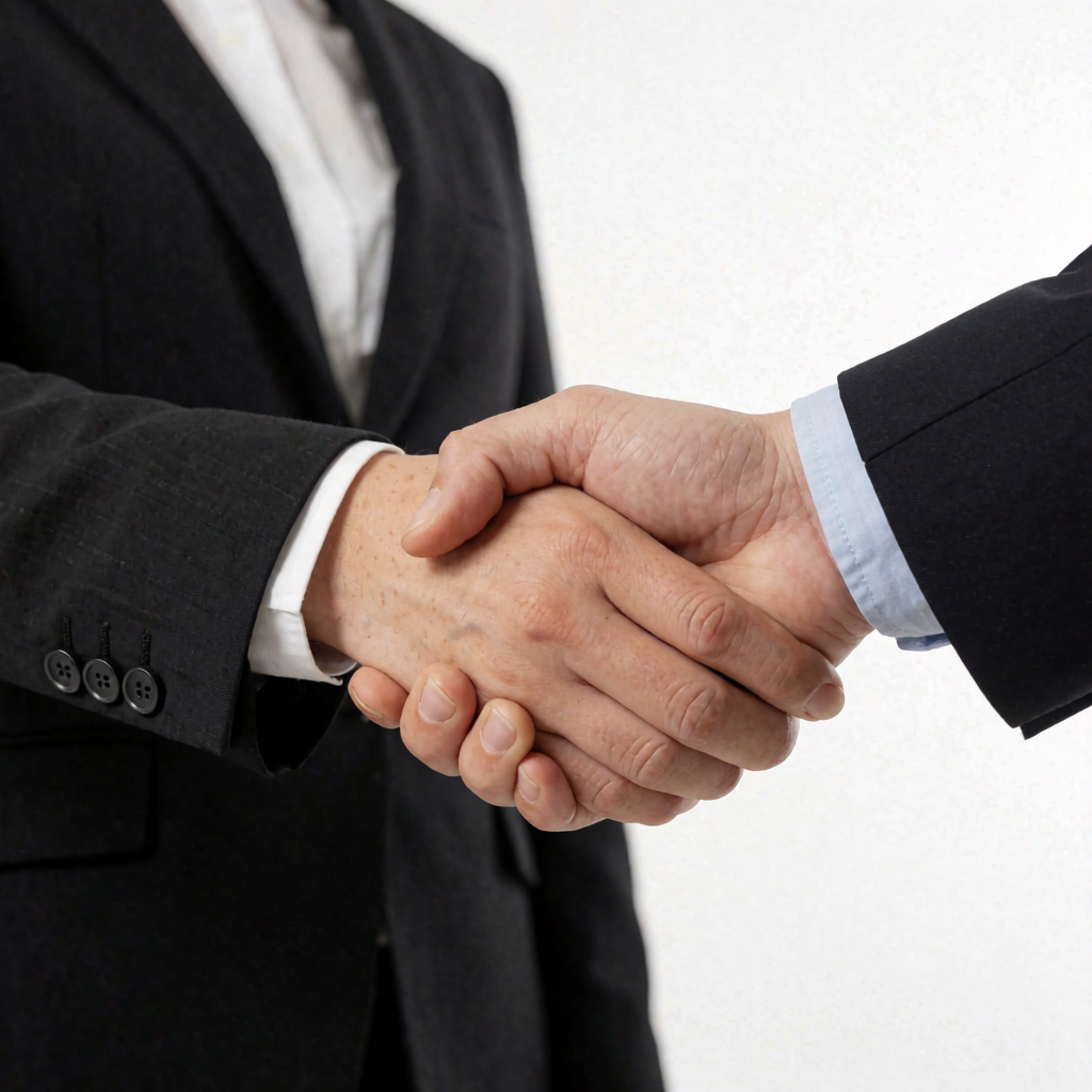 Two people shaking hands in a professional setting, all fing
