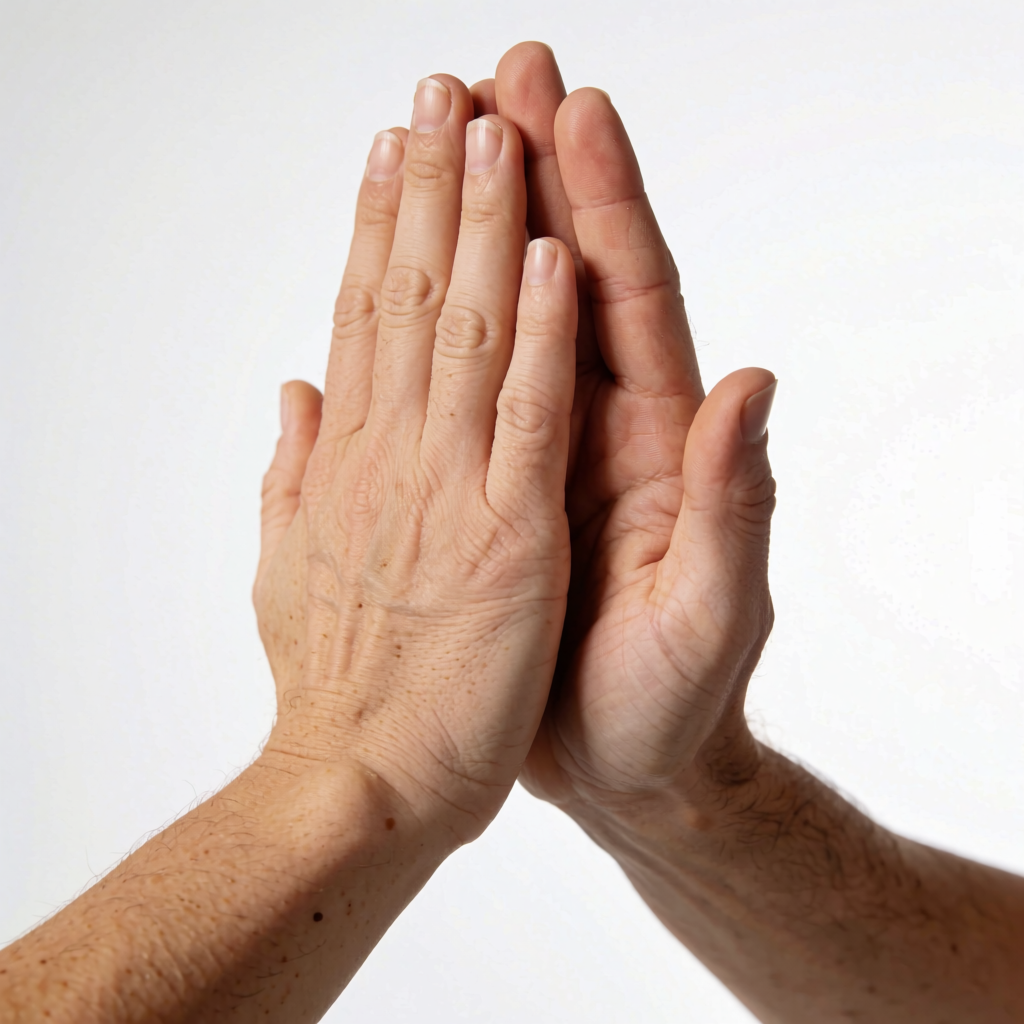 Two people doing a high-five, palms meeting with all fingers