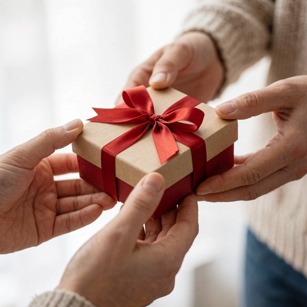 One person handing a small gift box to another person, both 