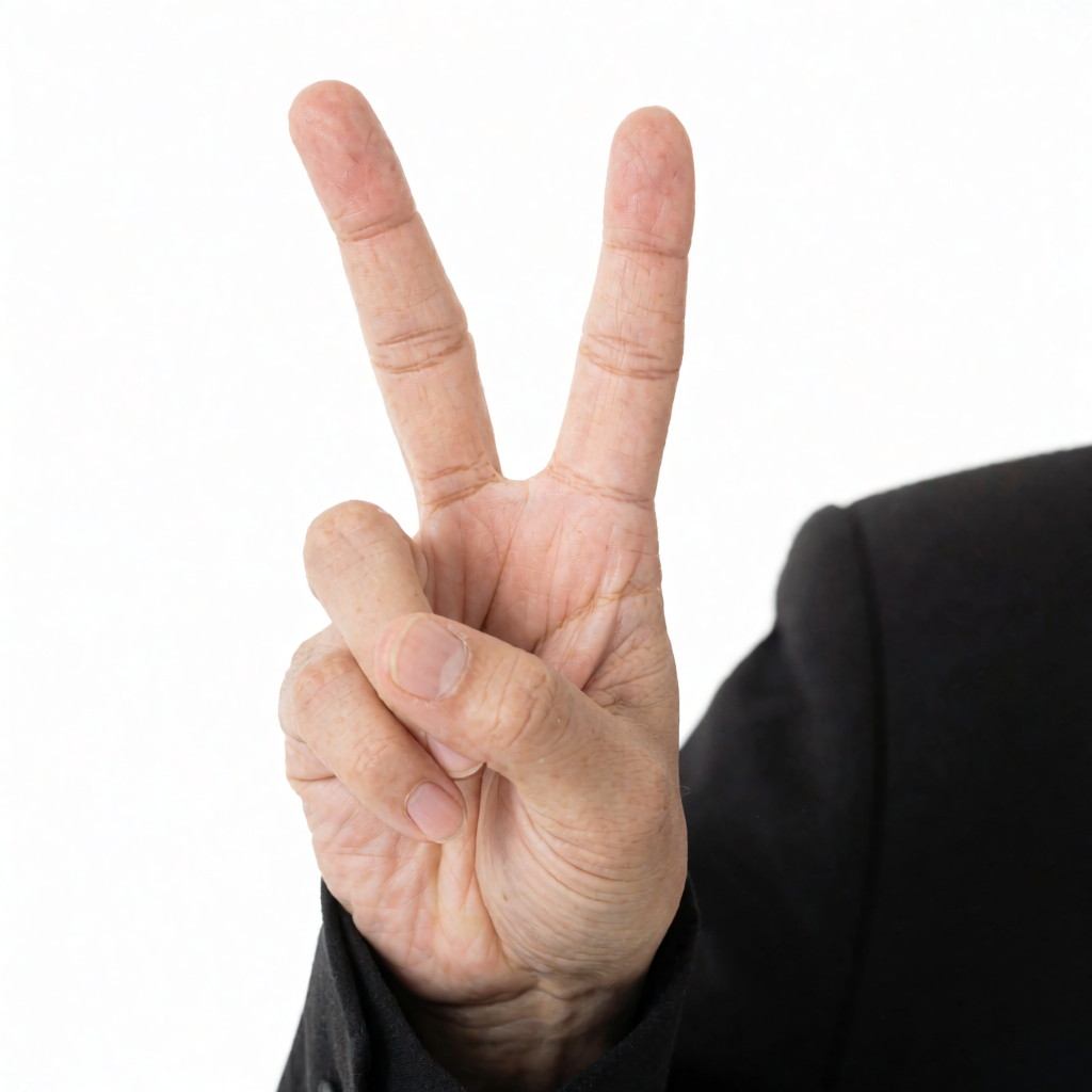 A person making a peace sign with their right hand, clearly 