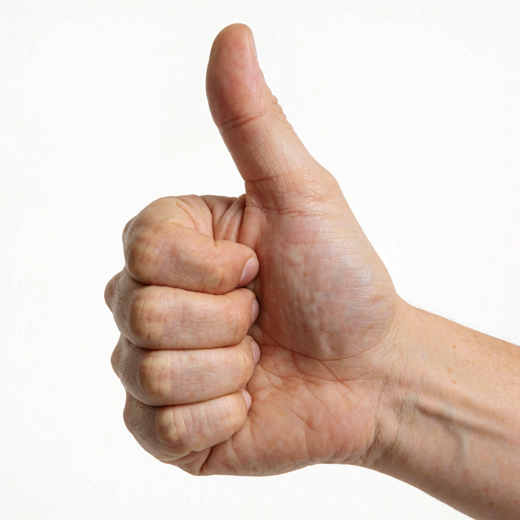 A hand giving a thumbs-up with four fingers curled and thumb