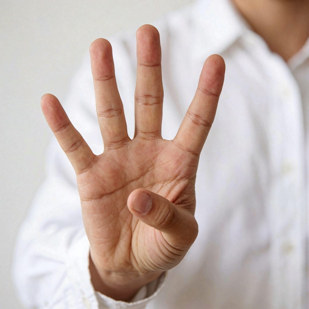 A person counting to three on their fingers, with index, mid
