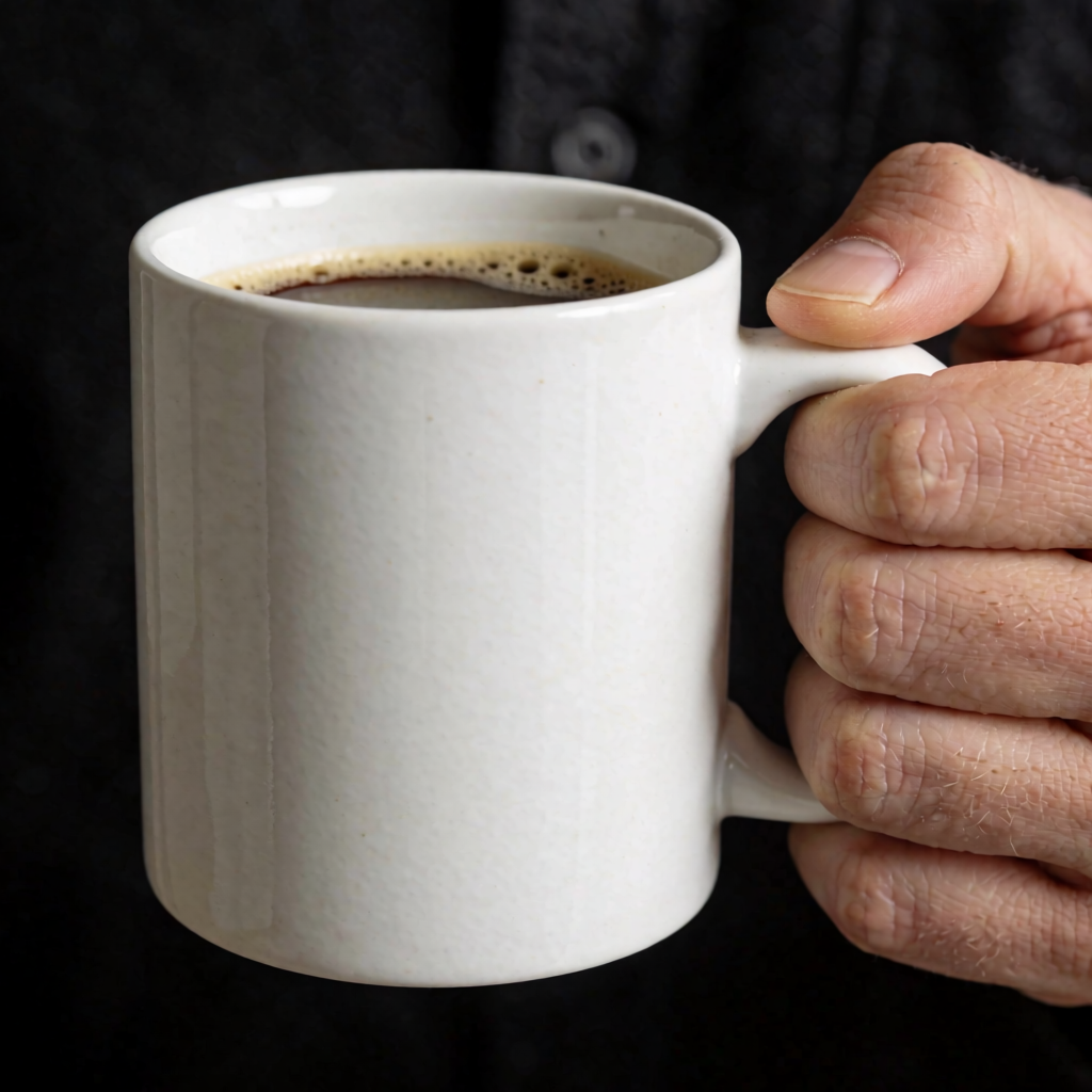 A person holding a white ceramic coffee mug by the handle wi