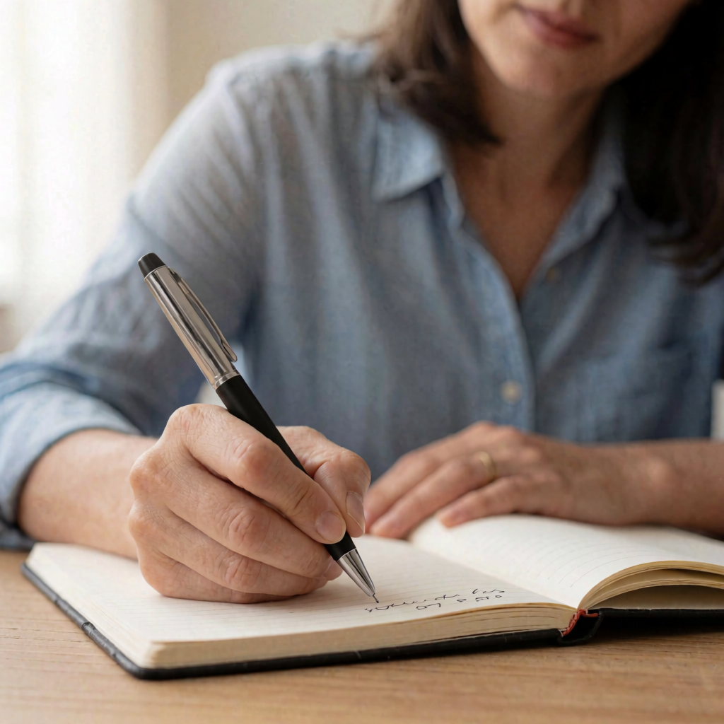A woman writing in a notebook with a pen gripped correctly i
