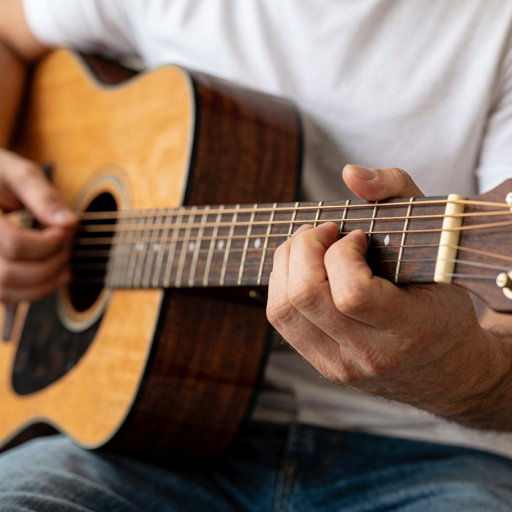 A person playing an acoustic guitar with left hand on the fr