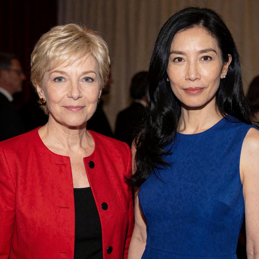 Two women standing side by side: one with short blonde hair 