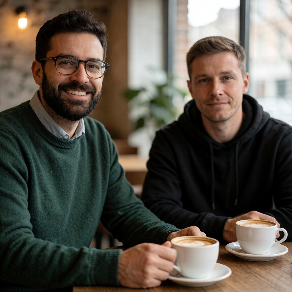 Two men at a cafe: one with a beard and glasses wearing a gr