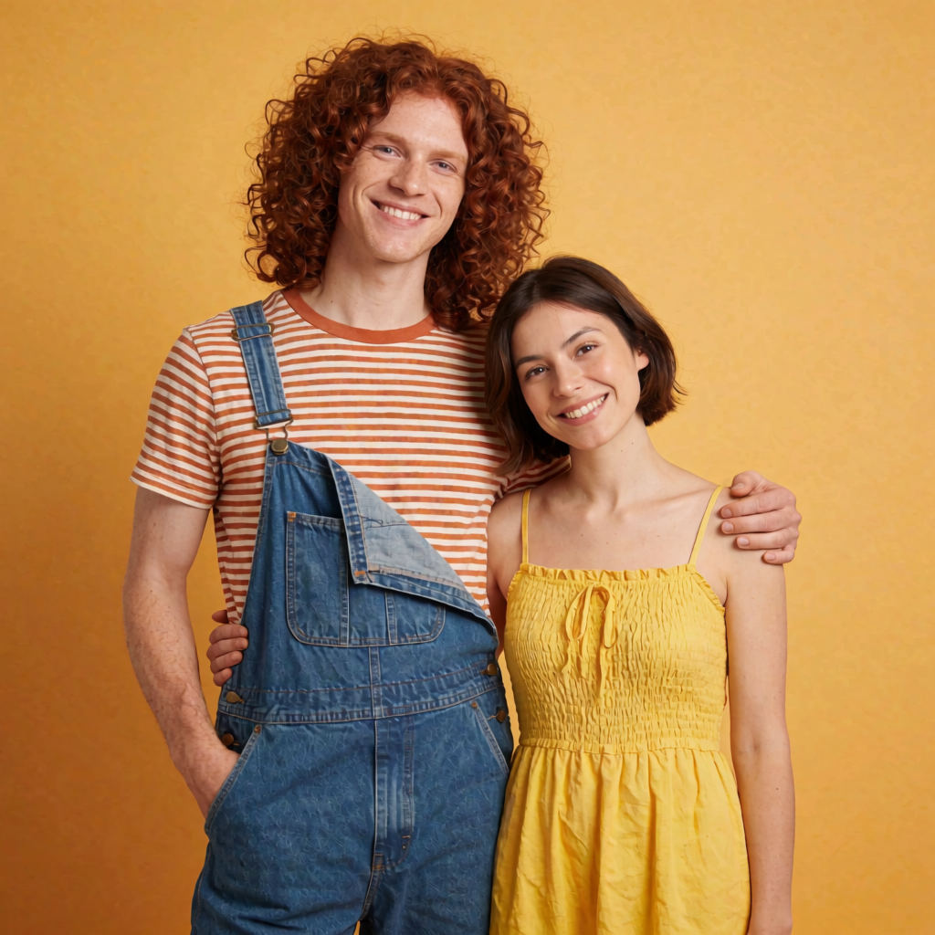 Two friends posing: one tall with curly red hair in denim ov