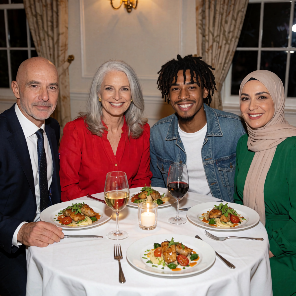 Four people at a dinner table: a bald man in a suit, a woman