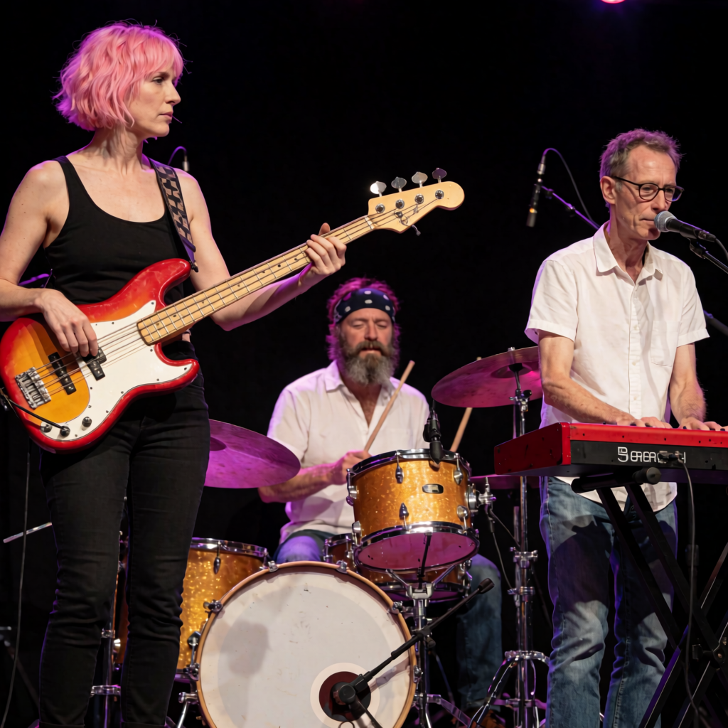 Three musicians on stage: a tall woman with short pink hair 