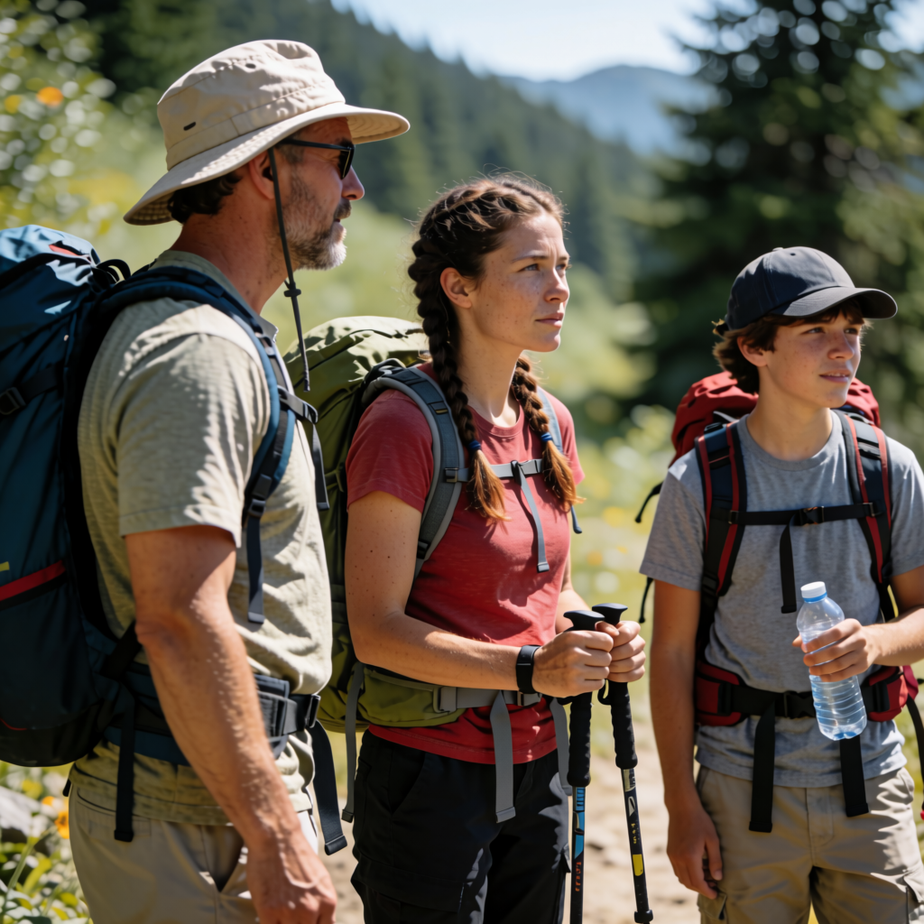 Three hikers on a trail: a man with a backpack and sunhat, a