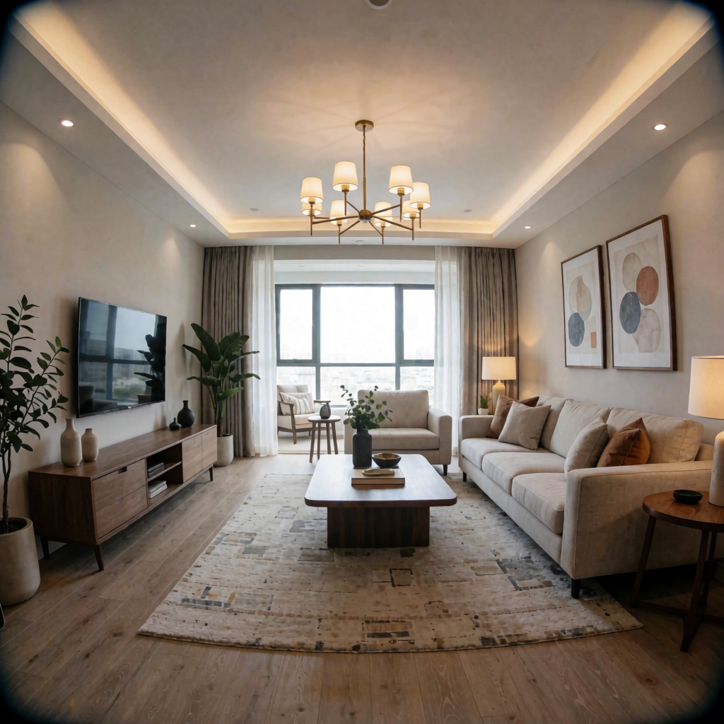 A wide-angle shot of a modern living room interior showing e