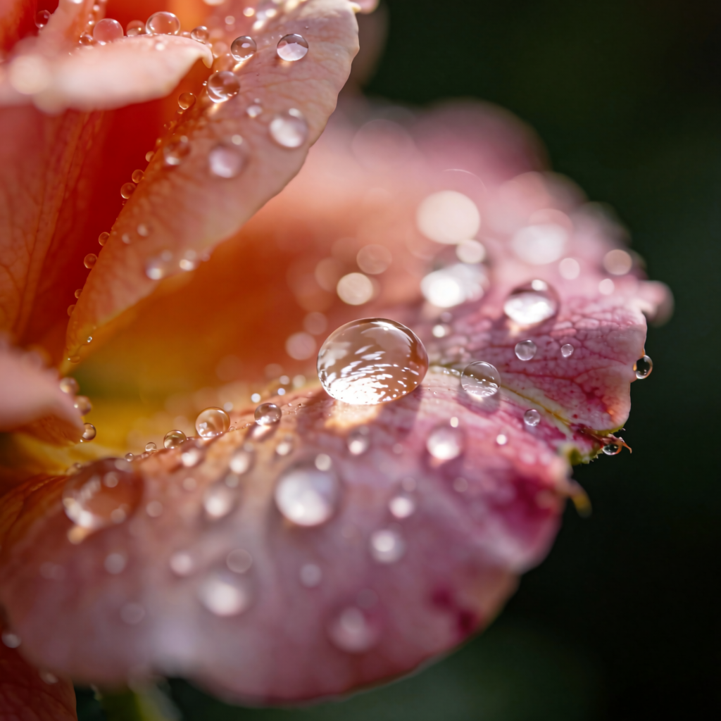 A close-up macro shot of a single dewdrop on a rose petal, s