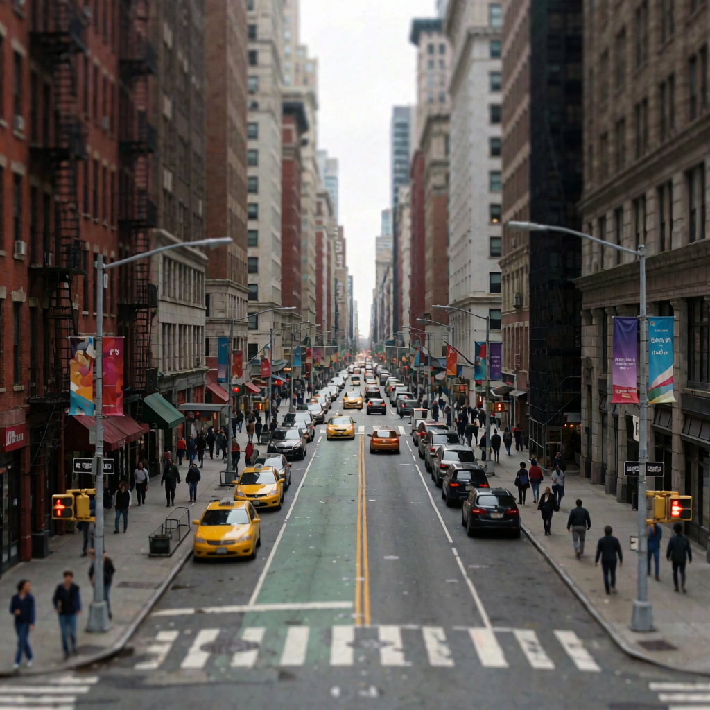 A tilt-shift photograph of a city street making real-life lo