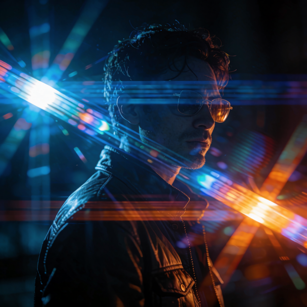 A cinematic frame with blue and orange anamorphic lens flare