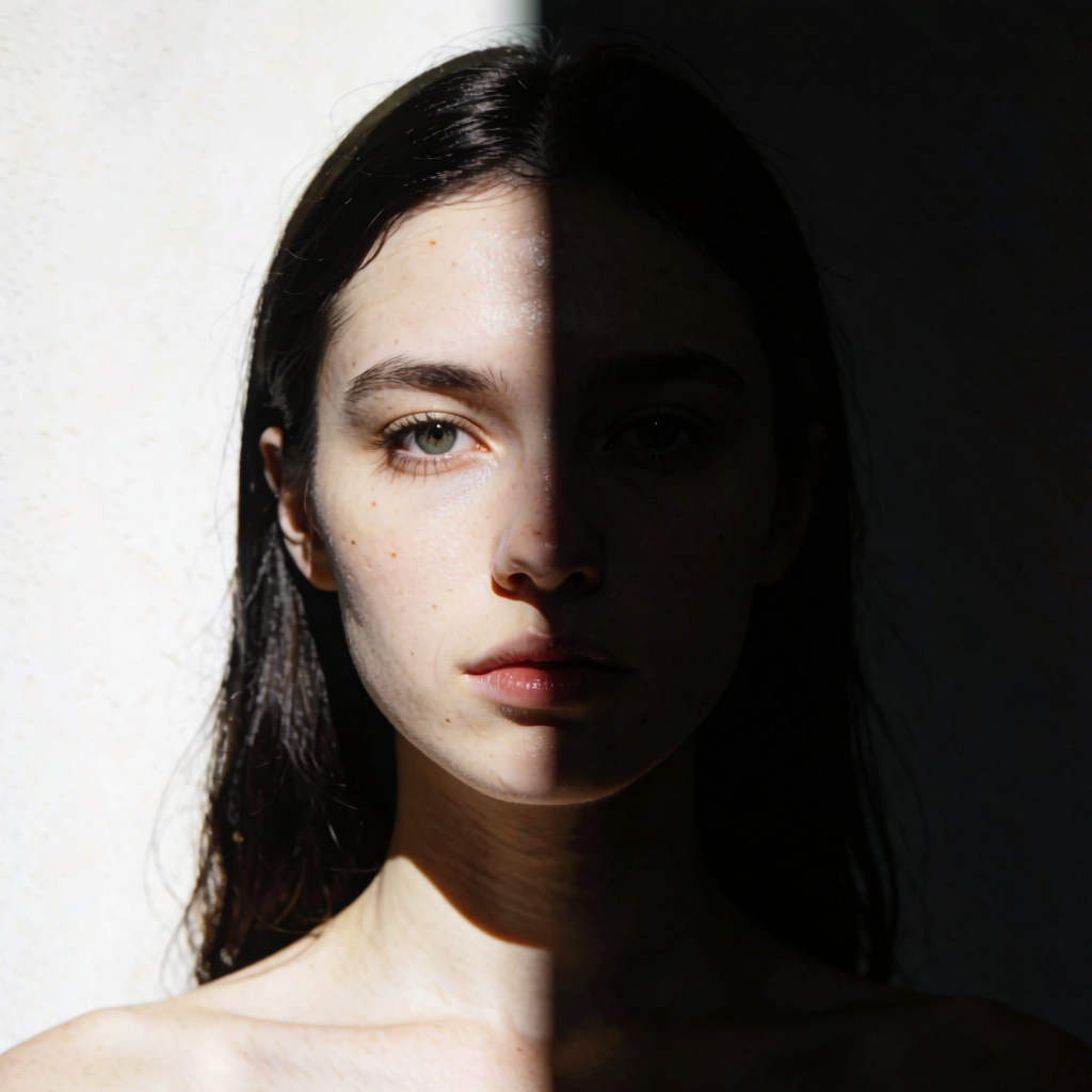 A portrait with dramatic split lighting — half the face brig