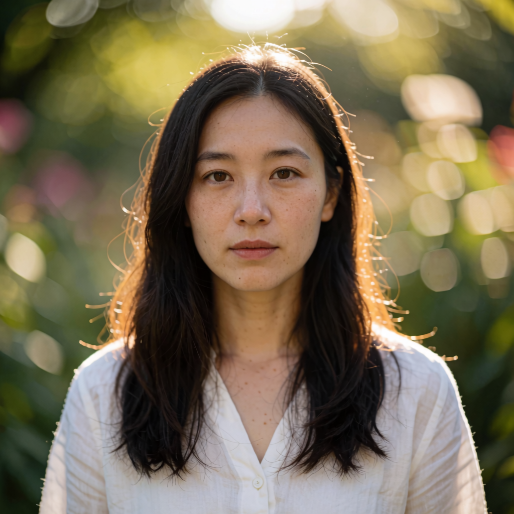 A portrait shot at 85mm f/1.4 with creamy bokeh background, 
