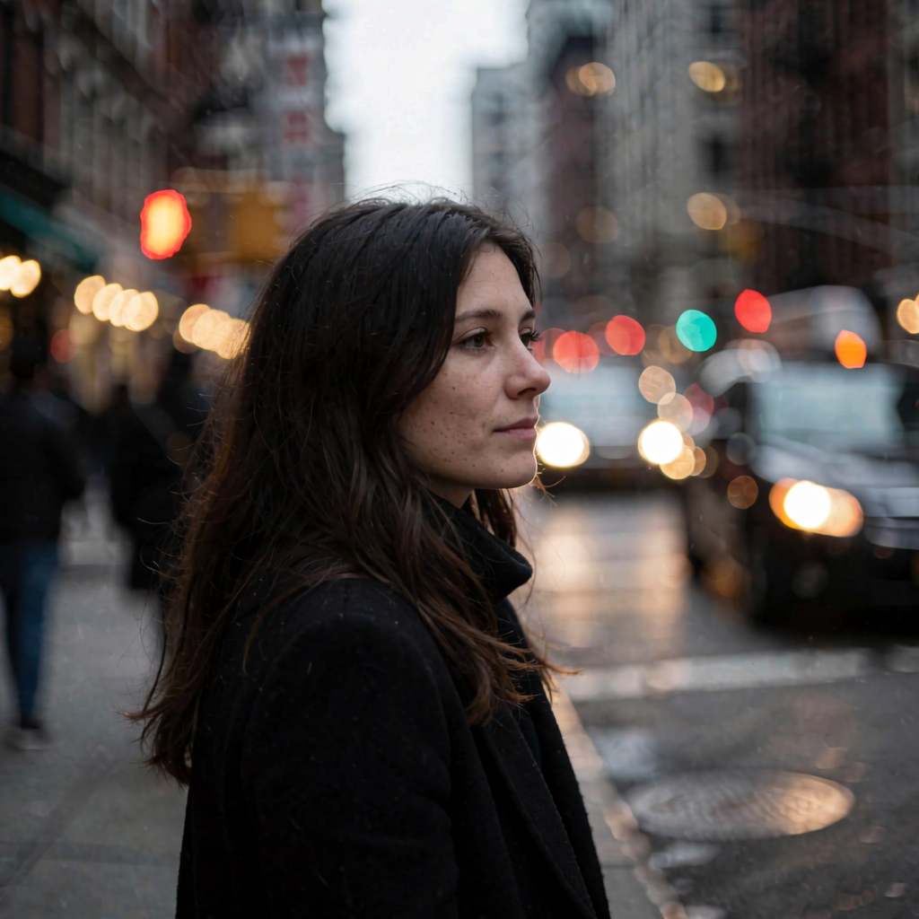 A street photograph with shallow depth of field as if shot a