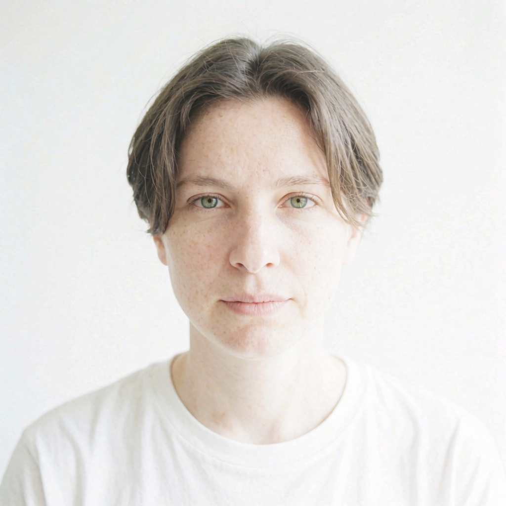 A high-key portrait of a person against a bright white backg