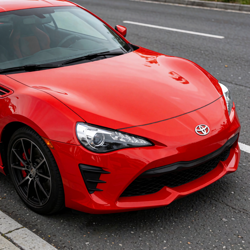 A bright red sports car parked on a gray asphalt road — the 