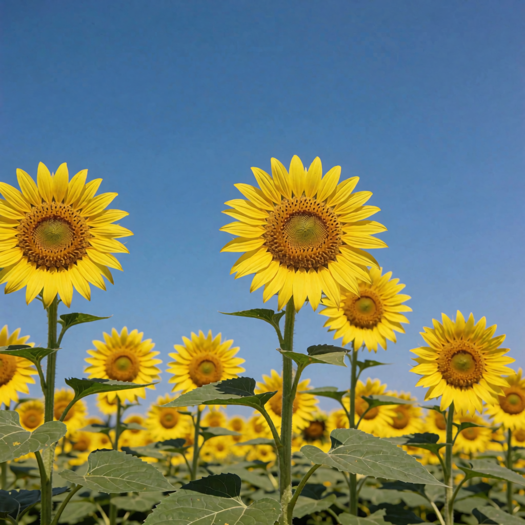 A field of pure sunflower yellow flowers under a clear blue 
