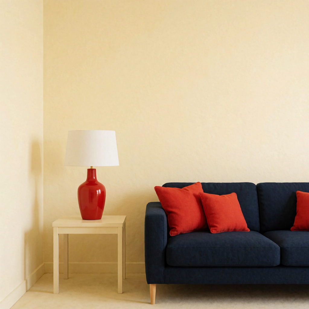 A minimalist room with walls in #F5E6CC (warm cream), a sofa