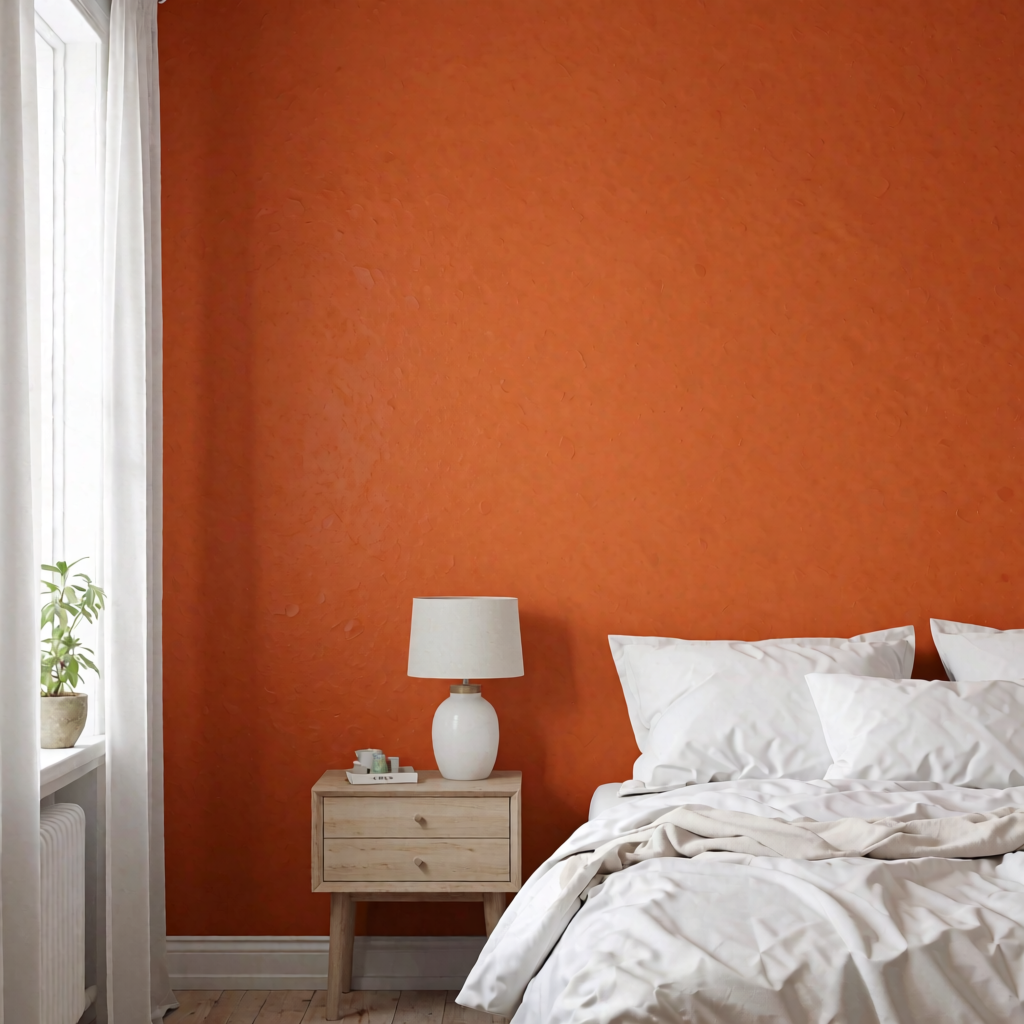 A bedroom wall painted in #FF6B35 (burnt orange) with white 