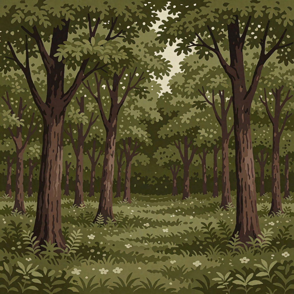 A forest scene where the foliage is precisely #2D5F2D (dark 