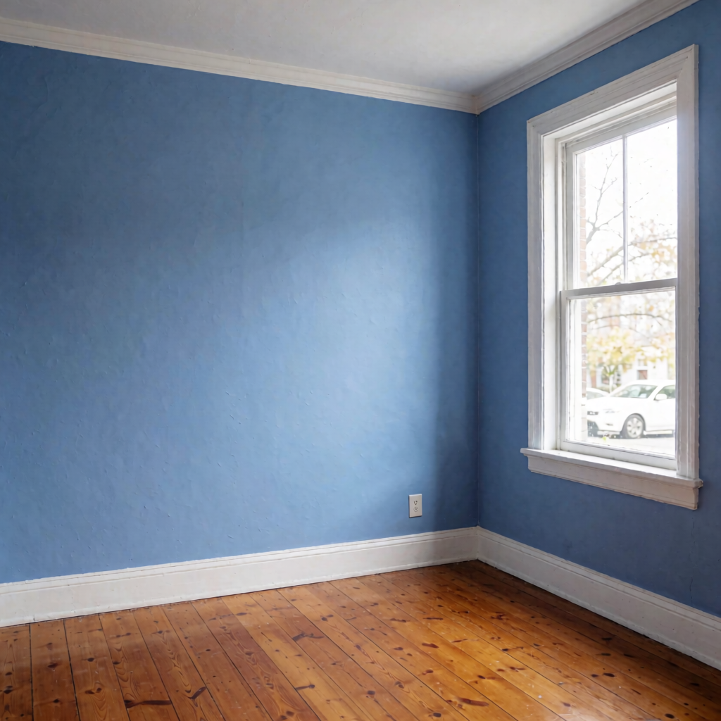 A room with walls in #4A90D9 (medium blue) with warm wooden 