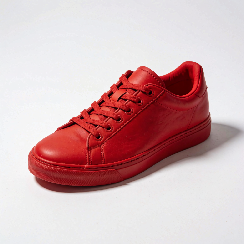 A single red sneaker on a clean white background with soft s